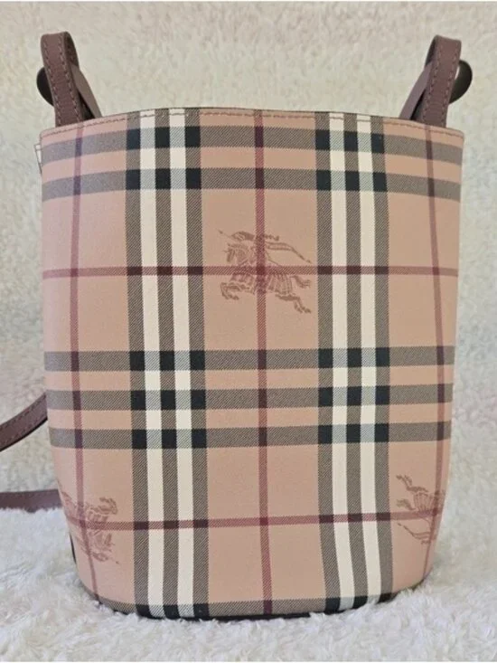 Burberry Haymarket Check Lorne Bucket Crossbody- Light Elderberry - Picture 3 of 11